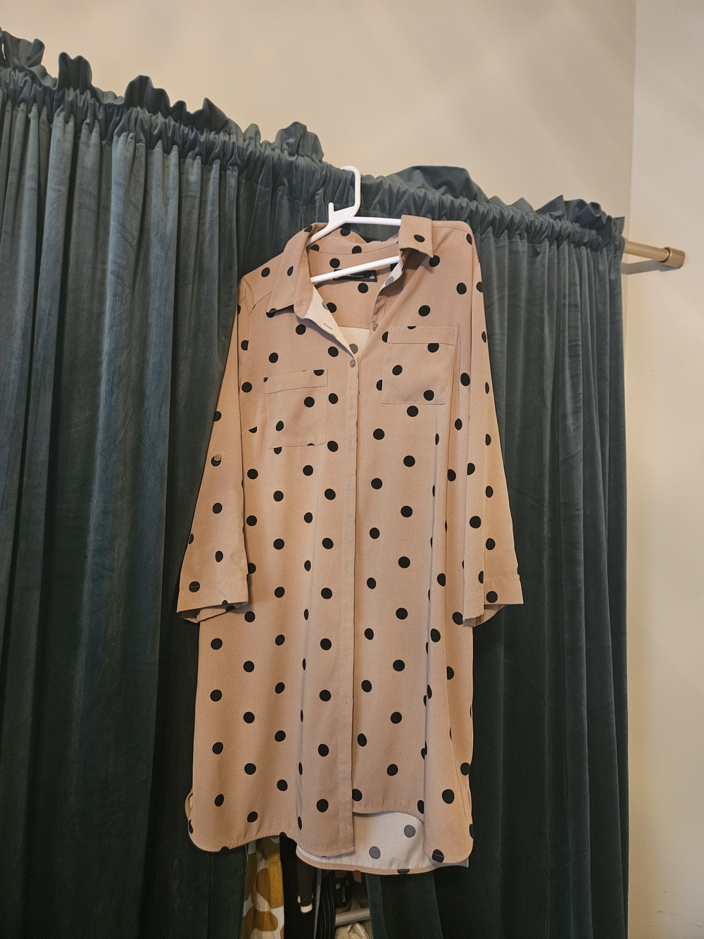 New York & Company Tan Midi Shirt Dress with Black Polka Dots